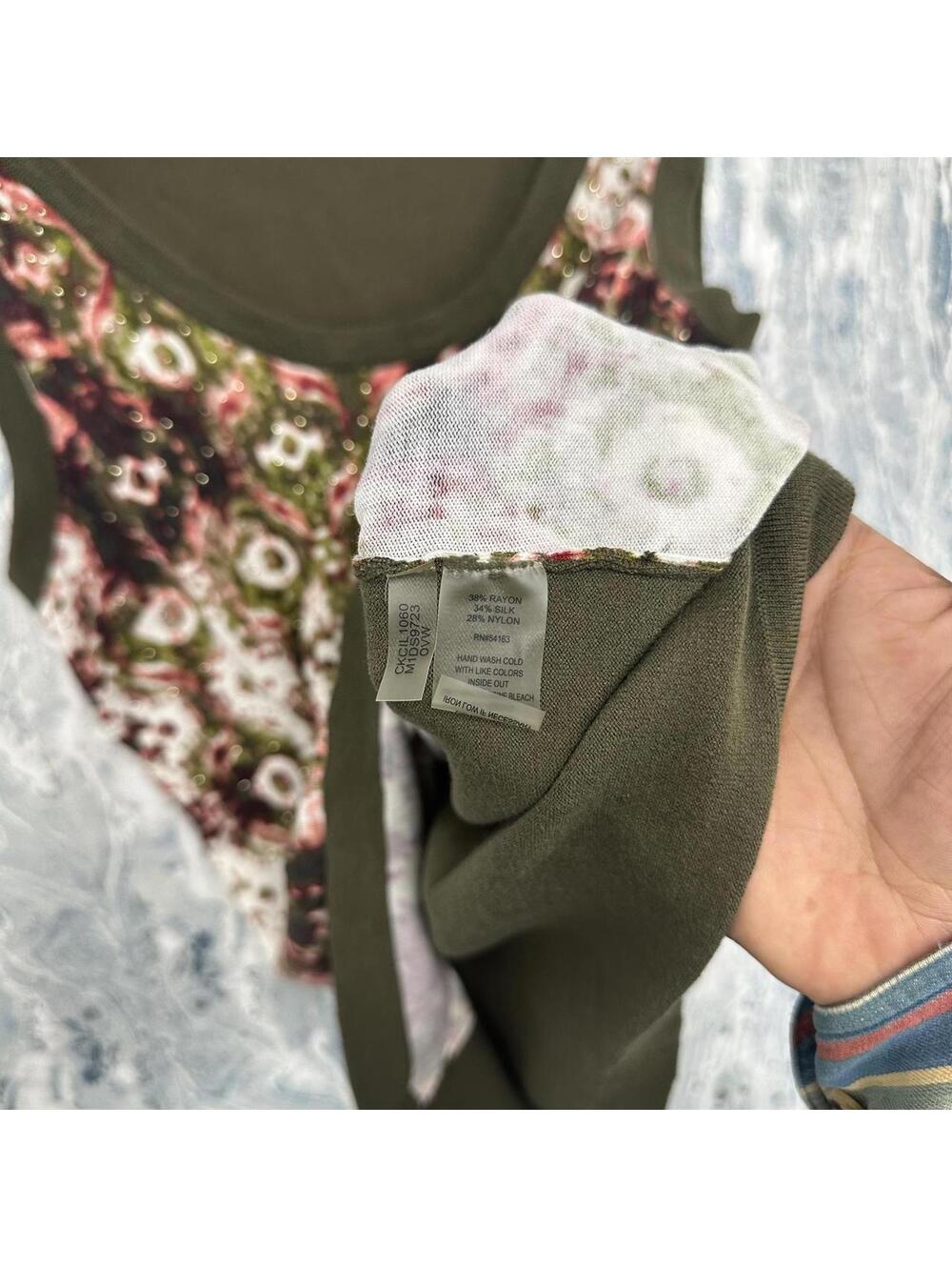 Boho Indie Olive Green Patterned Sleeveless Top L - Picture 4 of 8